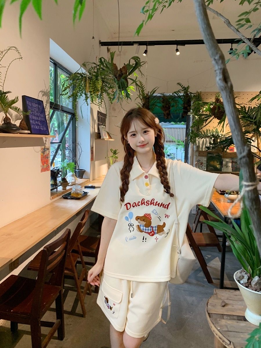 Kawaii bordado cão japão estil - Summer Clothing In Japan avaliação e preço